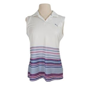 Puma White Striped Polo Sleeveless Golf Shirt